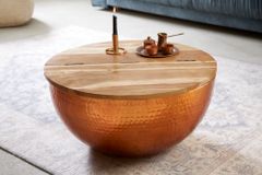 Runder Couchtisch ORIENT STORAGE 60cm kupfer Hammerschlag handmade Akazienholz mit Stauraum