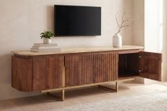 Design TV-Board GATSBY 160cm braun gold Mangoholz mit Travertin Metallgestell
