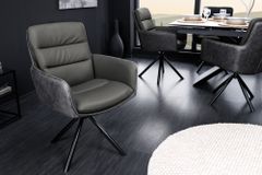 Drehbarer Stuhl BIG GEORGE grau Echtleder Microfaser mit Armlehne schwarze Metallbeine