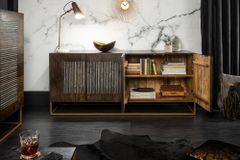 Massives Sideboard ONYX 180cm dunkelbraun Mangoholz Edelstein Achat gold Metallgestell