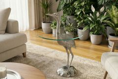 Runder Beistelltisch WILDLIFE HERON 90cm silber Metall Glas Fischreiher Skulptur handmade