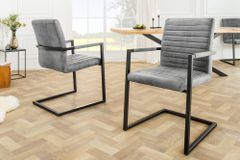 Industrial Freischwinger Stuhl LOFT vintage grau Microfaser mit Armlehne Eisengestell