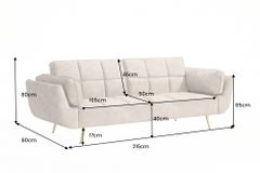 Retro Schlafsofa BOUTIQUE 215cm champagner beige Samt 3-Sitzer mit goldenen Füßen