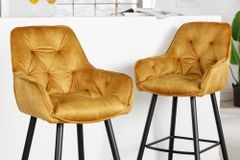Design Barhocker MILANO senfgelb Samt Barstuhl mit Lehne Metall schwarz