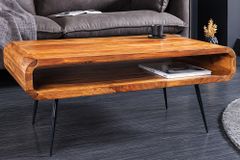 Massivholz Couchtisch ALPHA 90cm braun Sheesham stone finish Metallbeine mit Stauraum