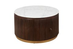 Runder Couchtisch COFFEE TABLE GATSBY 70cm braun weiß Mangoholz Marmor Schublade