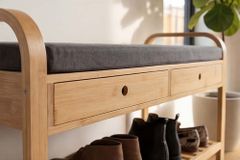 Stilvolle Schuhbank ZEN-BO 100cm natur grau Bambus Regal Sitzbank mit Schubladen