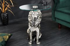 Runder Beistelltisch WILDLIFE LION 60cm silber antik Metall Glas Löwen Skulptur