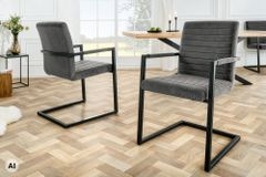 Industrial Freischwinger LOFT grau Cord schwarz Eisen mit Armlehne