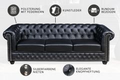 Chesterfield 3-Sitzer Sofa 205cm schwarz Nietenbesatz Federkern