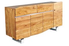 Massivholz Sideboard MAMMUT 170cm Akazie Baumkante mit Schubladen Kufengestell Edelstahl