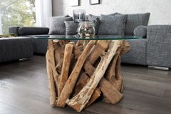 Design Couchtisch NATURE LOUNGE 60cm Teakholz mit runder Glasplatte Beistelltisch