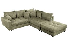 Modernes Ecksofa KENT 220cm grün Cord inkl. Hocker Federkern L-Form Wohnlandschaft