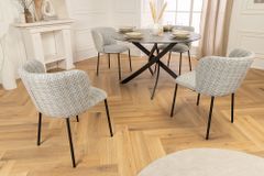 Design Stuhl LYON blau kariert Bouclé schwarze Metallbeine