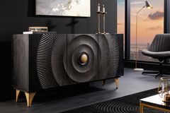 Handgearbeitetes Sideboard GOLDEN SUNSET 140cm schwarz mit 3D Schnitzereien gold Mangoholz Metallbeine