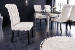Design Stuhl CASTLE beige schwarz Strukturstoff Holzfüße Chesterfield