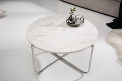 Runder Couchtisch NOBLE 65cm weiß Marmor abnehmbare Tischplatte klappbar silber Metall