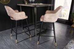 Design Barhocker PARIS greige Samt mit Lehne Metall schwarz gold Ziersteppung
