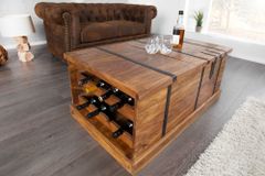 Massivholz Couchtisch BODEGA 100cm braun Sheesham stone finish Truhe Stauraum Weinregal
