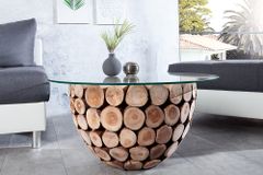 Handgearbeiteter Couchtisch PURE NATURE 70cm Teak Massivholz rund mit Glasplatte