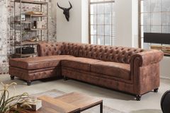 Design Ecksofa CHESTERFIELD 270cm antik braun Microfaser Federkern Ottomane links Vintage