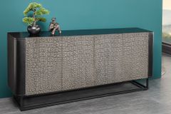 Handgefertigtes Sideboard CROCO 180cm grau schwarz Mangoholz mit 3D Schnitzereien massiv Metall