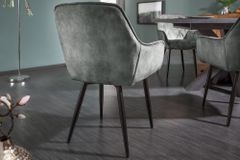 Design Stuhl MILANO grün Samt mit Armlehne Ziersteppung gepolstert schwarze Metallbeine