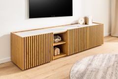 Design Lowboard VICENZA 180cm weiß Keramik natur Eiche Lamellenfront