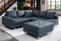 Moderne Wohnlandschaft KENT 220cm anthrazit Ecksofa Federkern inkl. Hocker und Kissen