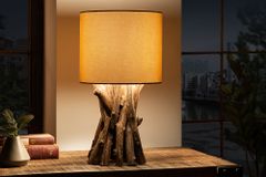 Massivholz Tischlampe HARMONY NATURE 50cm beige Teak mit Leinenschirm