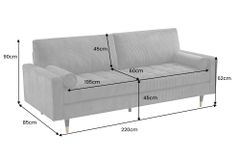 3er Sofa COZY VELVET 220cm grau Cord mit goldener Kappe