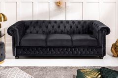Barock Sofa CHESTERFIELD 205cm schwarz Samt Federkern Knopfheftung 3-Sitzer Couch