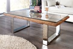 Eindrucksvoller Couchtisch BARRACUDA 110cm antik Teakholz mit Kufengestell und Glas