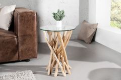 Design Beistelltisch DRIFTWOOD 40cm Teakholz mit Glasplatte rund Couchtisch
