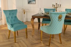 Barock Stuhl CASTLE DELUXE blau Samt gold Edelstahl mit Löwenkopf Chesterfield