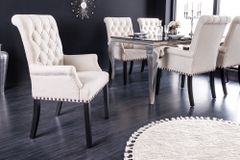 Design Stuhl CASTLE beige schwarz Strukturstoff Armlehnen Holzfüße