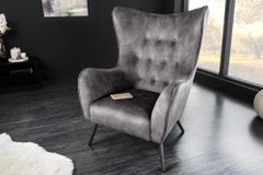 Design XL Sessel AMSTERDAM grau Samt schwarze Metallbeine Retro Stil