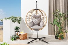 In- und Outdoor Hängesessel IBIZA natur beige Rattan mit Gestell wetterfest inkl. Kissen