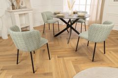 Design Stuhl LYON grün-rosa kariert Bouclé schwarze Metallbeine