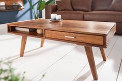 Massivholz Couchtisch RETRO 100cm braun Sheesham stone finish Schubladen handmade