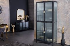 Moderne Vitrine AMSTERDAM 180cm schwarz gold Riffelglas Metall Highboard Schrank
