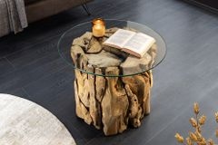 Handgearbeiteter Couchtisch RIVERSIDE 60cm Teakholz runde Glasplatte Massivholz