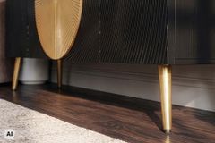 Massives Sideboard AURUM 180cm schwarz Mangoholz mit ikonischem Gold-Element