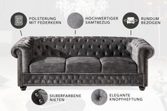 Chesterfield 3-Sitzer Sofa 205cm grau Samt Federkern Knopfheftung