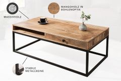 Massiver Couchtisch IRON CRAFT 100cm Mangoholz mit Schublade schwarzes Metallgestell