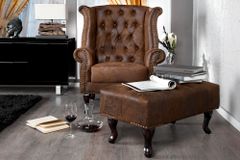 Chesterfield Fußhocker 80cm antik braun mit Knopfheftung und Nietenbesatz