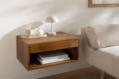 Hängender Nachttisch PURE 50cm braun Mangoholz honey finish Wandregal Schublade