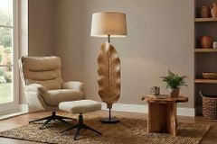 Massive Stehlampe LEAF 130cm weiß natur Teakholz Blatt-Design mit Stoffschirm