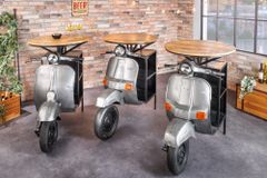 Vintage Bartisch UPCYCLING SCOOTER 120cm silber Mangoholz rund handmade