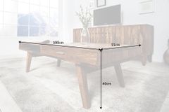 Massivholz Couchtisch RETRO 100cm braun Sheesham stone finish Schubladen handmade